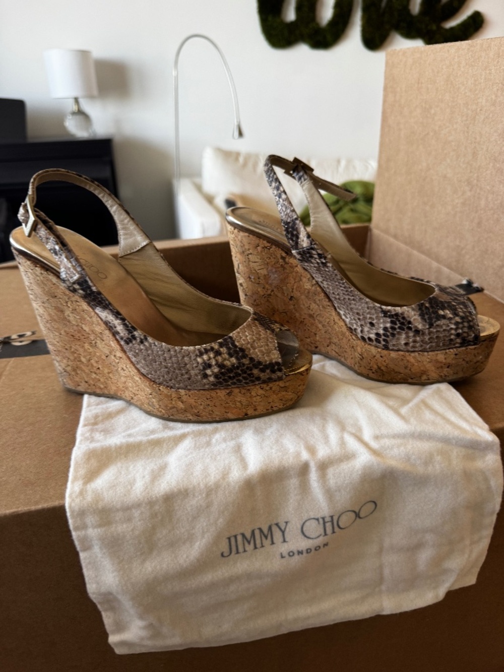 Jimmy Choo Snake Skin Cork Wedge Sandals
